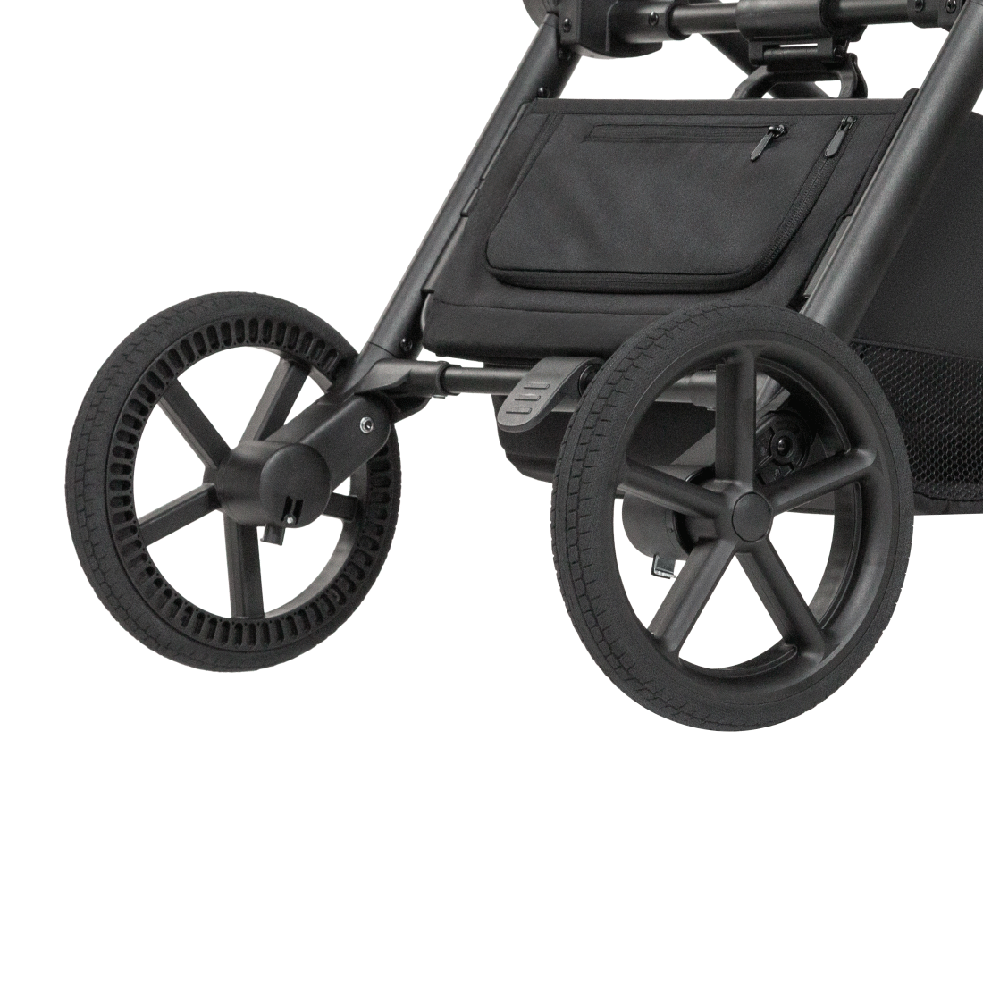 Der Universal-Kinderwagen Epica 3 in 1 2025 Durch adaptive Dämpfung wird der Lauf des Kinderwagens weicher und überschüssige Vibrationen absorbiert.
